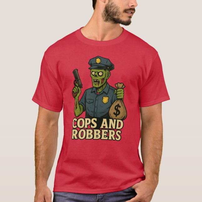 Camiseta Camisa-T do Halloween dos Policiais e Robers (Frente)