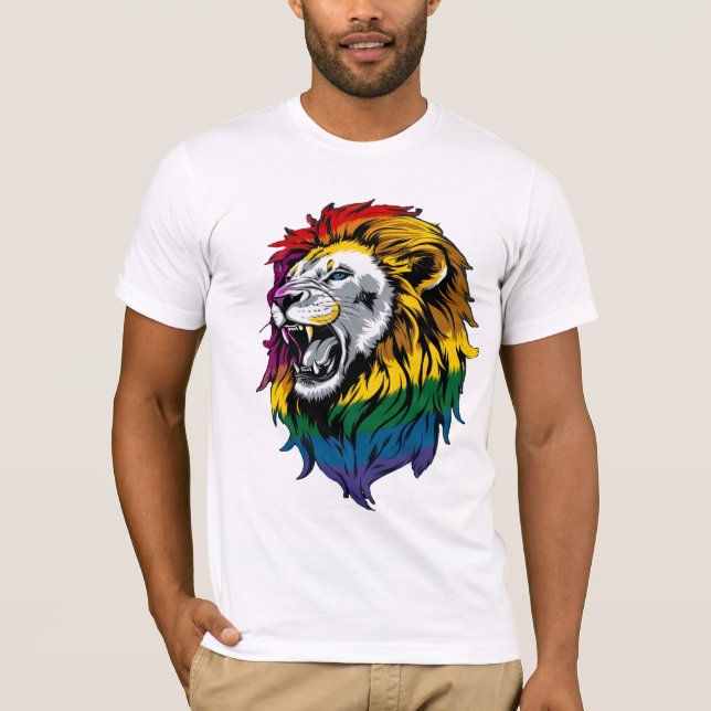 Camiseta Camisa-T do Orgulho Lion LGBTQ+ do Rainbow Mane Ro (Frente)
