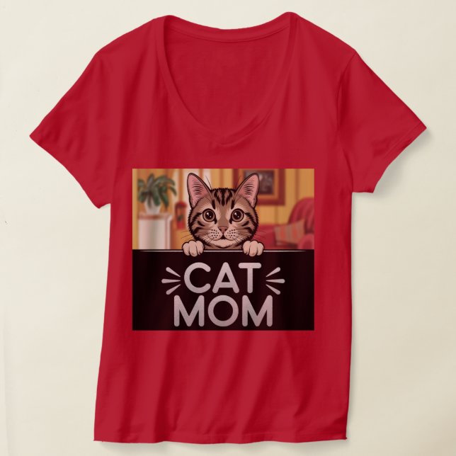 Camiseta Camisa-T do pescoço-V-Mãe de Gato Vermelho (Postura )