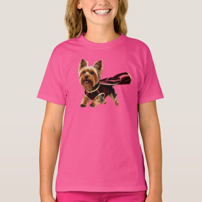 Camiseta Camisa-T do Yorkie Super-Heroi Kid (Frente)