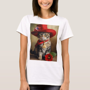Camiseta Camisa-T feminina com Legal gato com vermelho
