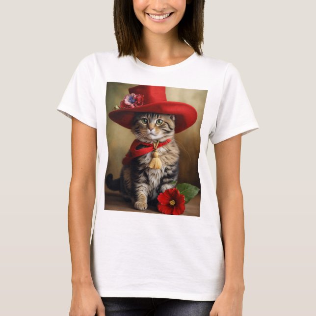 Camiseta Camisa-T feminina com Legal gato com vermelho (Frente)