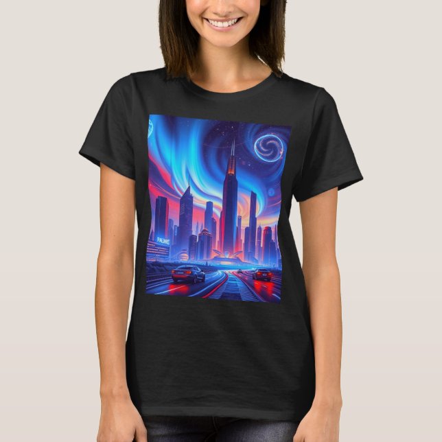Camiseta Camisa-T feminina da cidade futurística (Frente)