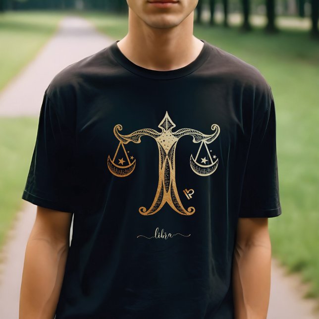 Camiseta Camisa-T Monocromática Dourada Libra Zodiac (Libra Zodiac Gold Monochrome Graphic T-Shirt)