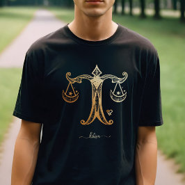 Camiseta Camisa-T Monocromática Dourada Libra Zodiac