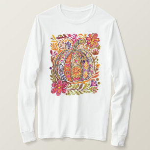 Camiseta Camisa-T Pumpkin De Arte Folclórica Pintada À Mão 