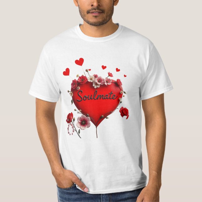 Camiseta Camiseta, Coração Vermelho e flores, Alma Gêmea  (Frente)