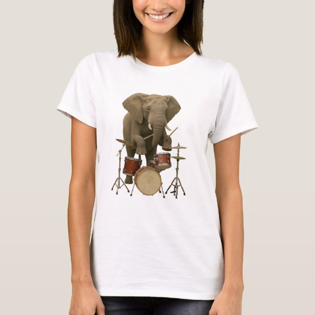Camiseta Camiseta-Design de Elefante Jogadora de Tambor (Frente)