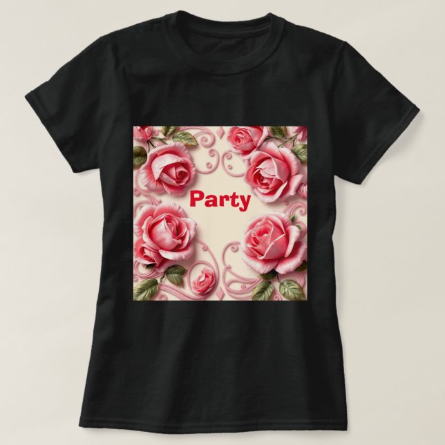 Camiseta Camiseta-do-partido das Rosas Rosa, de uso feminin (Frente do Design)