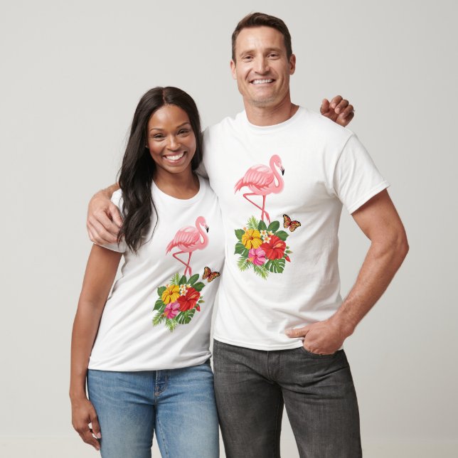Camiseta Camiseta-Rico de Flamingo e Hibisco Tropical Rosa (Unissex)