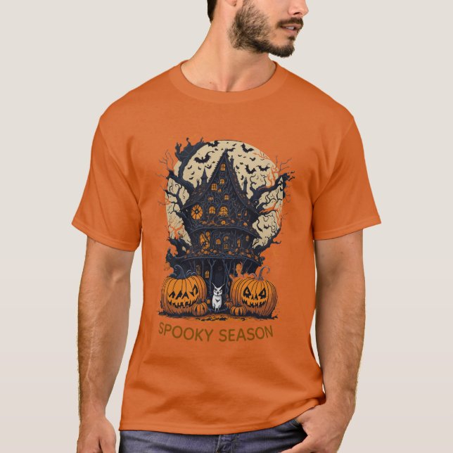Camiseta Camiseta-T de Cavaleiro das Bruxas Spooky (Frente)