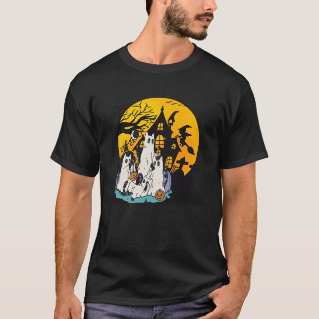 Camiseta Camisola de gato fantasma do Halloween (Frente)