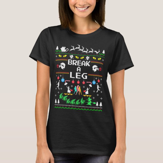 Camiseta Camisola de Natal de Teatro Desejando Sorte (Frente)