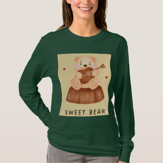 Camiseta Camisola de Suor com Ilustração Fofa do Urso Doce