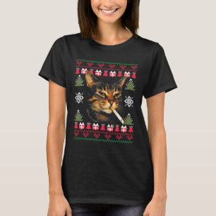 Camiseta Camisola Feia de Natal de Gato Fumante Engraçado P
