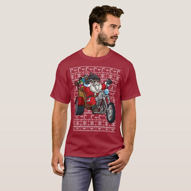 Camiseta Camisola feia Papai Noel do Natal na motocicleta (Frente Completa)