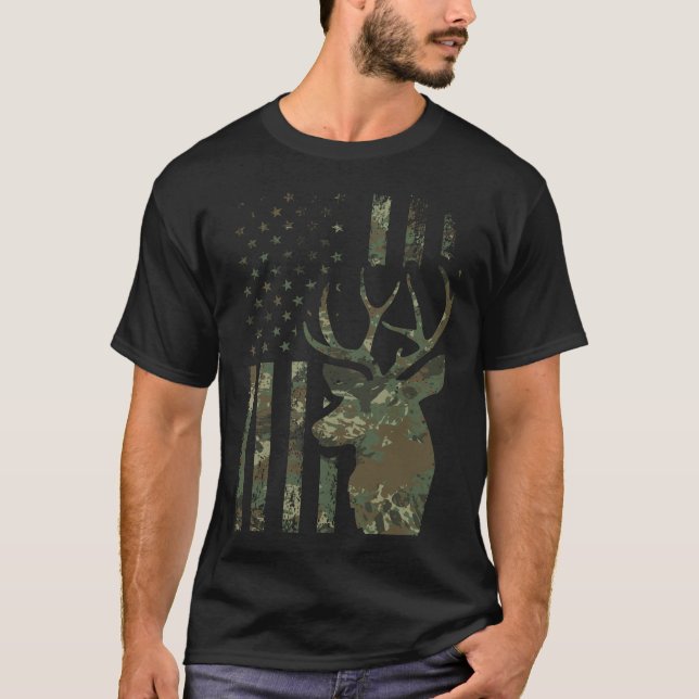 Camiseta Camo American Flag Buck Hunting (Frente)