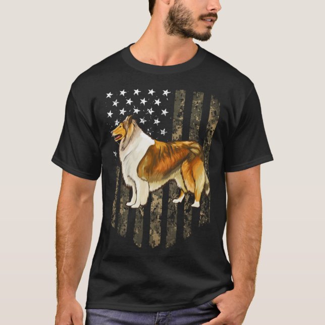 Camiseta Camo American Flag Collie 4th Of July USA (Frente)