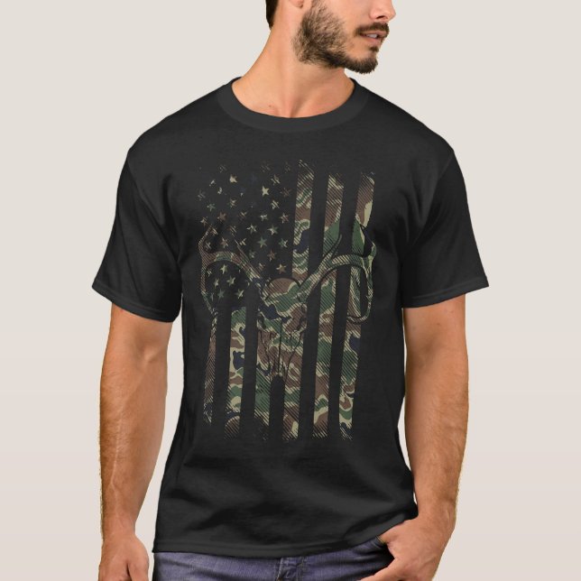 Camiseta Camo American Flag Deer Skull Elk, Caça A Caça Nos (Frente)