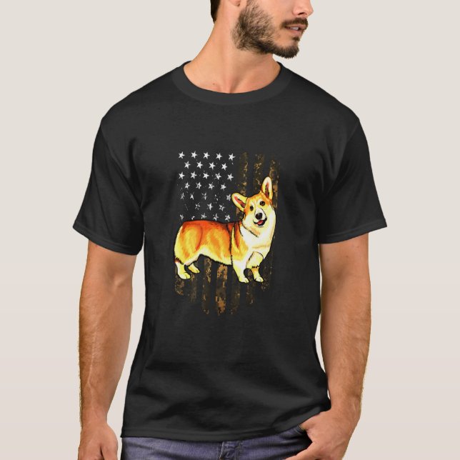 Camiseta Camo American Flag Pembroke Welsh Corgi (Frente)