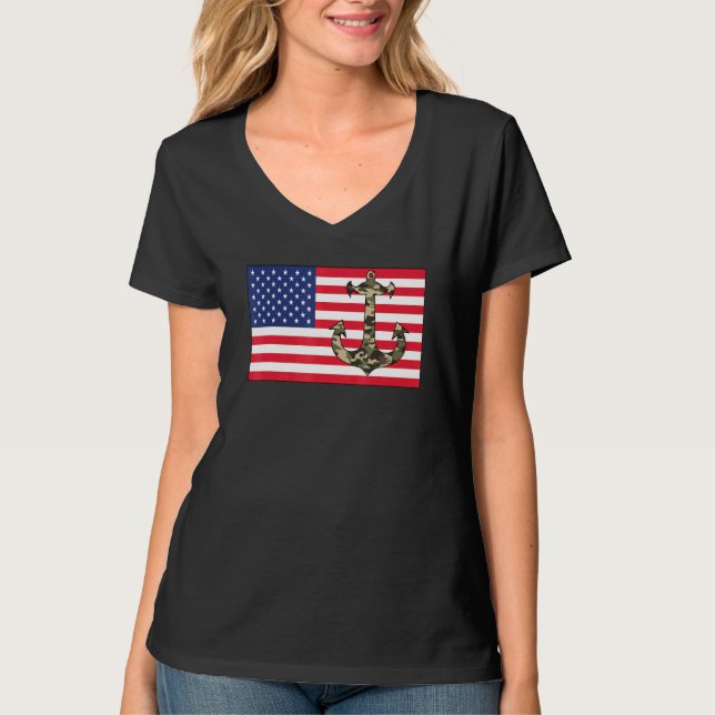 Camiseta Camo Anchor American Flag 4 De Julho Camoflauge I (Frente)