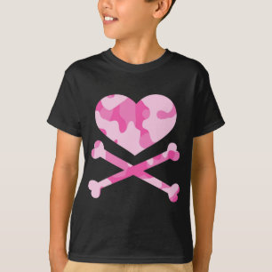 Camiseta camo cor-de-rosa do coração e dos crossbones