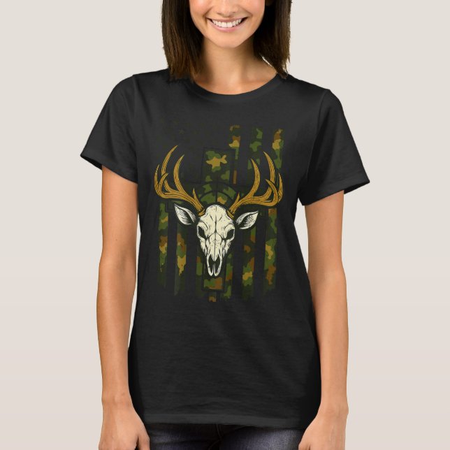 Camiseta Camo Deer Hunting Elk Skull American Flag Youth Bo (Frente)