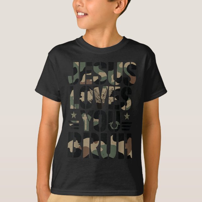 Camiseta Camo Jesus Te Ama Bruh Camouflage Tee Cristão (Frente)