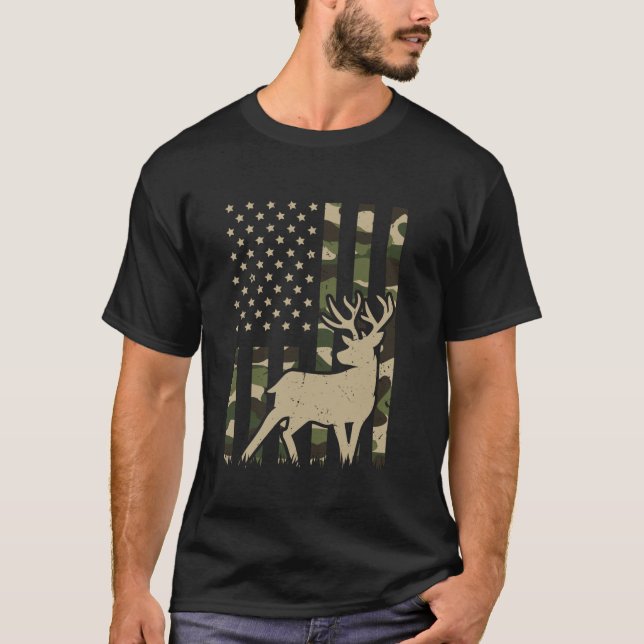 Camiseta Camo US Flag Deer Elk Buck Camouflage Hunt (Frente)