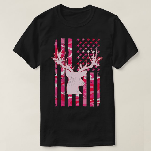 Camiseta Camo Whitetail Buck Deer Pink Camoue USA (Frente do Design)