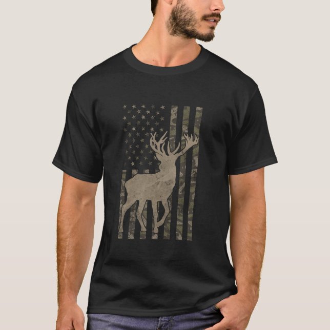 Camiseta Camoflage Caça à Fome, Bandeira do Camo EUA Deer E (Frente)