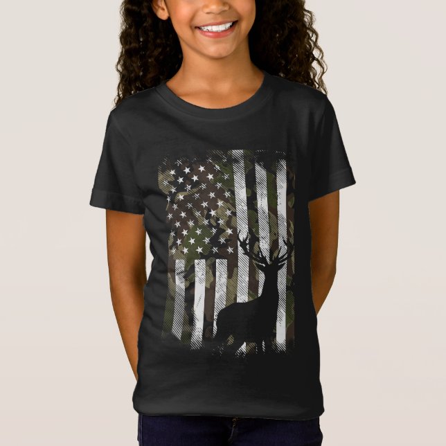 Camiseta Camoflage Caça à Fome, Bandeira do Camo EUA Deer E (Frente)