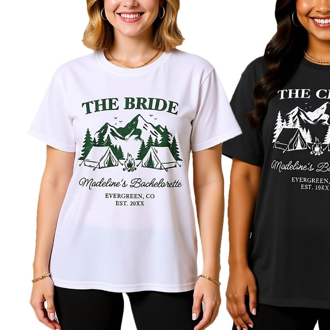 Camiseta Camp Bachelorette Camping Forest Green Cabin Crew (camp bachelorette bride shirts camping glamping elegant modern classic)