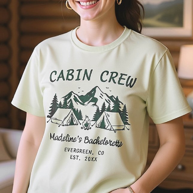 Camiseta Camp Bachelorette Camping Glaming Cabin Crew (camp bachelorette cabin crew shirt last trail before veil camping hand drawn matching green bach)