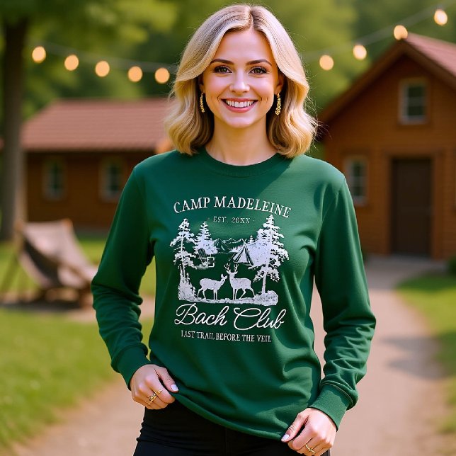 Camiseta Camp Bachelorette Forest Green - Última Trilha Aca (camp bachelorette matching bridesmaid crew shirts last trail before veil camping glamping forest)