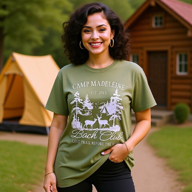 Camiseta Camp Bachelorette Forest Moss Última Trilha Acampa (camp bachelorette matching bride crew bridesmaid shirts last trail before veil camping moss green)