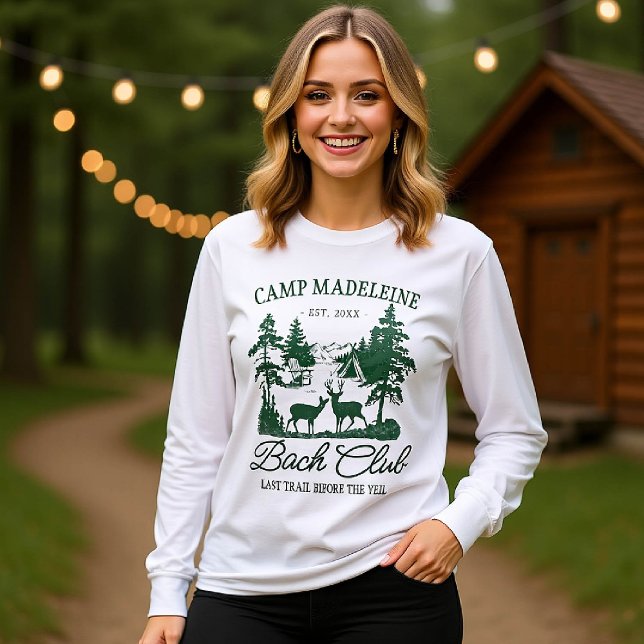 Camiseta Camp Bachelorette Mountain Deer Última Trilha Acam (camp bachelorette matching bride crew bridesmaid shirts last trail before veil camping glamping)