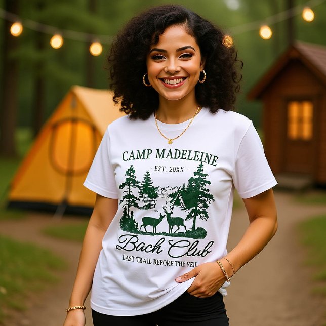Camiseta Camp Bachelorette Última Trilha Correspondente à T (camp bachelorette matching bride crew bridesmaid shirts last trail before veil camping deer)