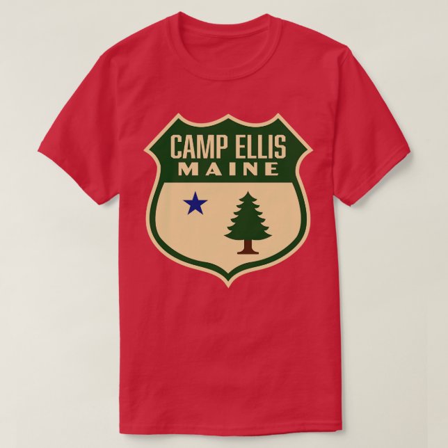 Camiseta Camp Ellis Maine Retro Pine Tree Shield Verde (Frente do Design)