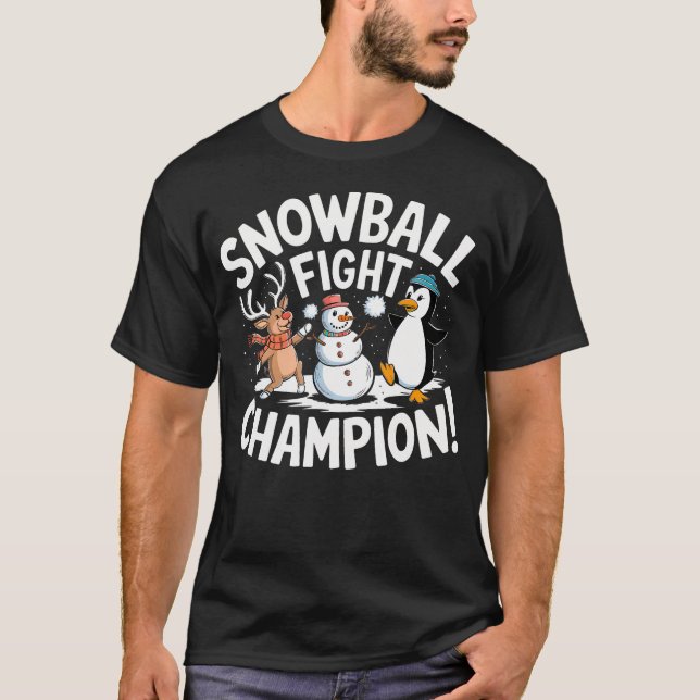 Camiseta Campeão de Luta de Bolas de Neve Renas Engraçadas  (Frente)