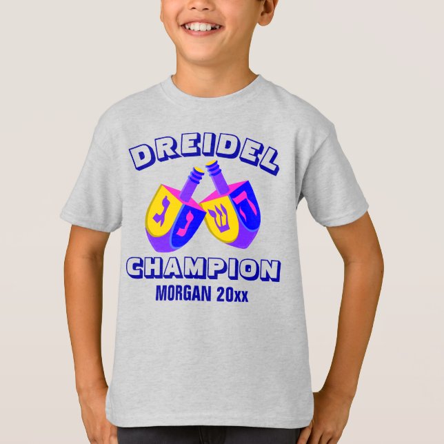 Camiseta Campeão engraçado colorido de Hanukkah Dreidels (Frente)
