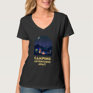 Camiseta Camping Adventures Await Camper Vacation Camp Trip