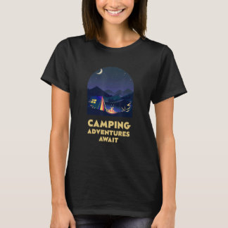 Camiseta Camping Adventures Await Camper Vacation Camp Trip