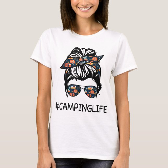 Camiseta Camping Life Messaging Hair Dia de as mães Camping (Frente)