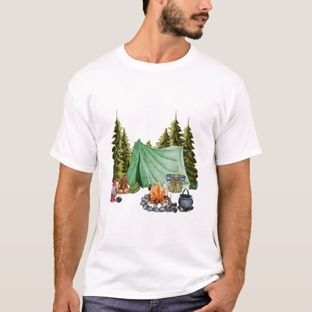 Camiseta Camping Trip Campfire, Tent, Camping in the Woods (Frente)
