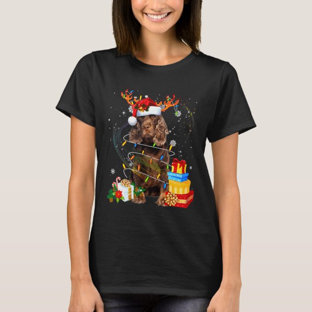 Camiseta Campo Spaniel Reindeer de Natal Luz Engraçada Cão (Frente)