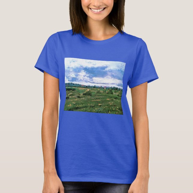 Camiseta Campos de trigo com Haystacks por Vincent van Gogh (Frente)