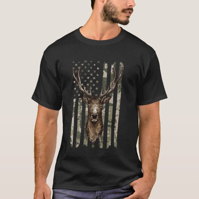 Camiseta Camuflagem Caça ao Cervo Alce Veado Bandeira Ameri (Frente)