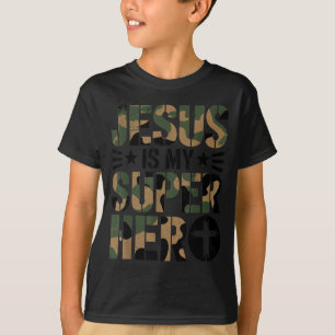 Camiseta Camuflagem Jesus é Meu Super-herói Meninos Camufla