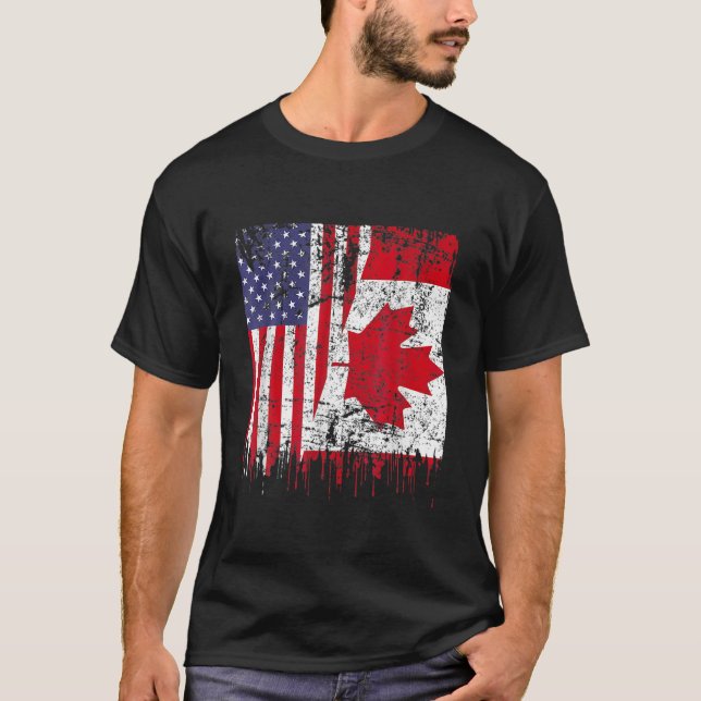 Camiseta Canadense Roots Half American Flag Canada Day Flag (Frente)